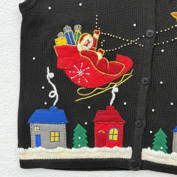 VTG Christmas Flying Santa Reindeer Sky Sweater Vest Black Grandma Teacher Sz L - Picture 4 of 10